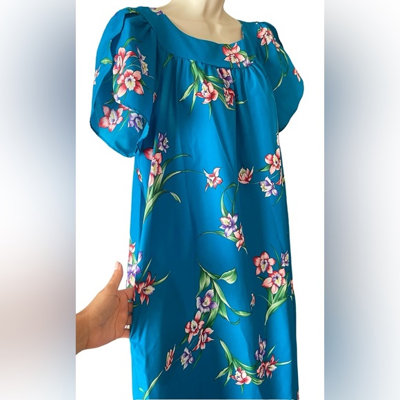 Vintage Hilo Hattie Muumuu Maxi Dress Hawaiian Round Neck Teal Pink Aloha XL EUC - Picture 3 of 10